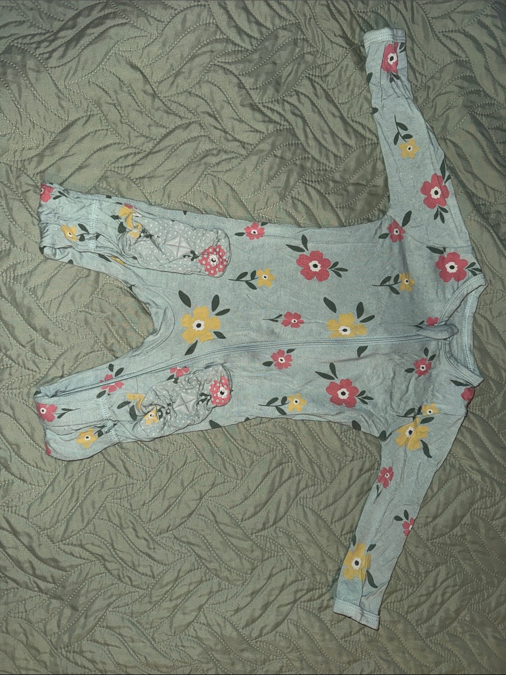 Kyte BABY Light Green Floral Zip One-Piece with Pink & Yellow Flowers